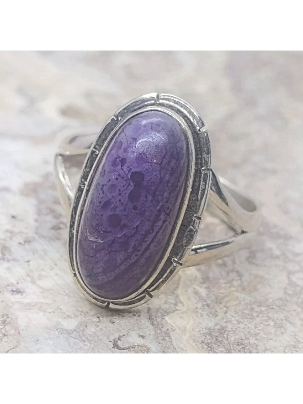 Natural Purple Charoite In .925 Sterling Silver Size 9 Ring Oval 3/4" Long